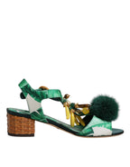 Grüne Kristall-Sandalen mit Fellverzierung