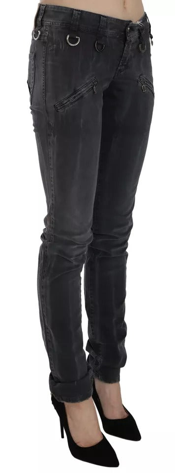 Graue Low-Waist Skinny Jeans mit seitlichem Reißverschluss in verwaschener Optik