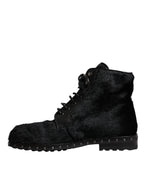 Black Pony Style Leather Mid Calf Boots Shoes