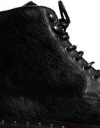 Black Pony Style Leather Mid Calf Boots Shoes