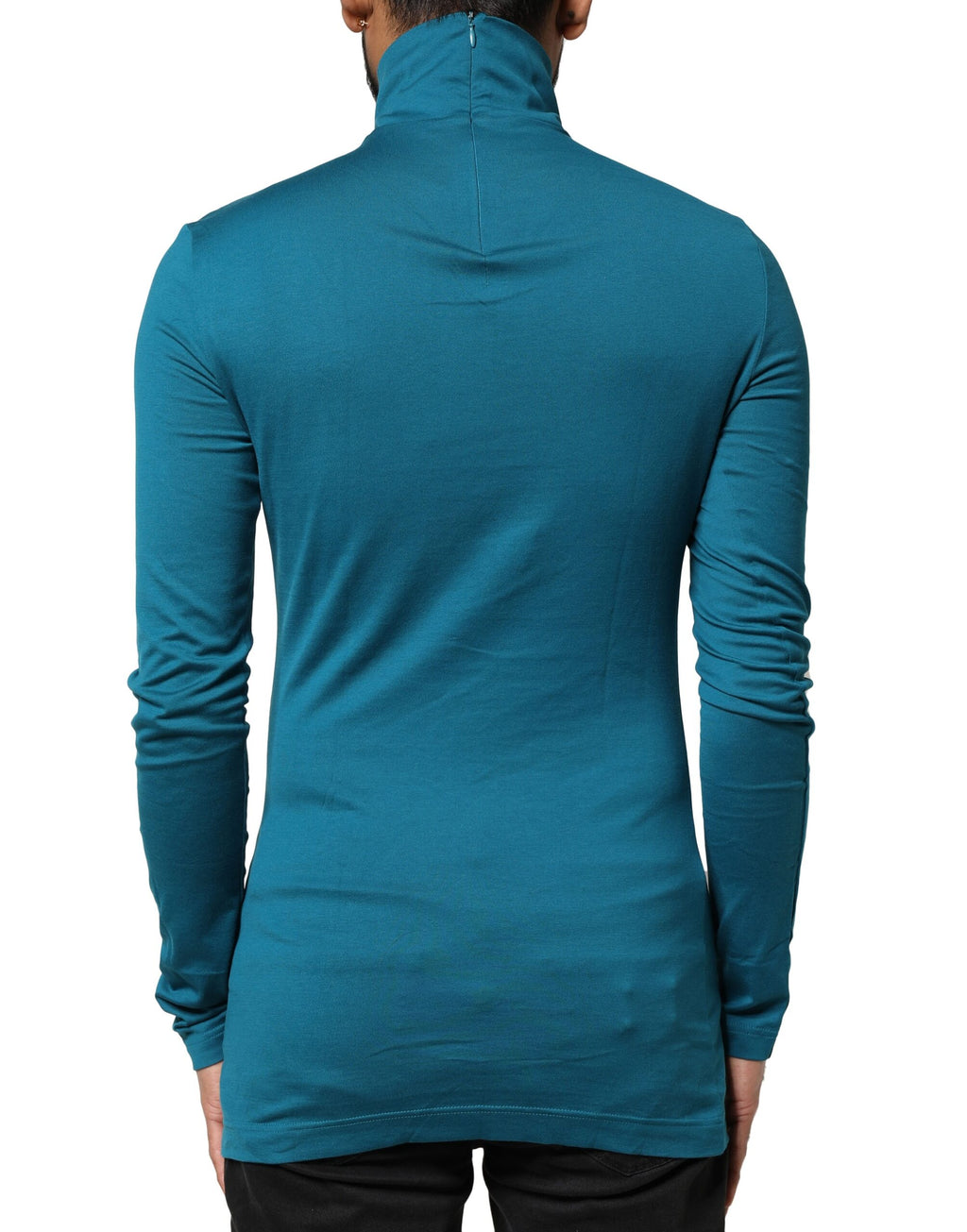 Blauer Baumwollrollkragenpullover mit langen Ärmeln