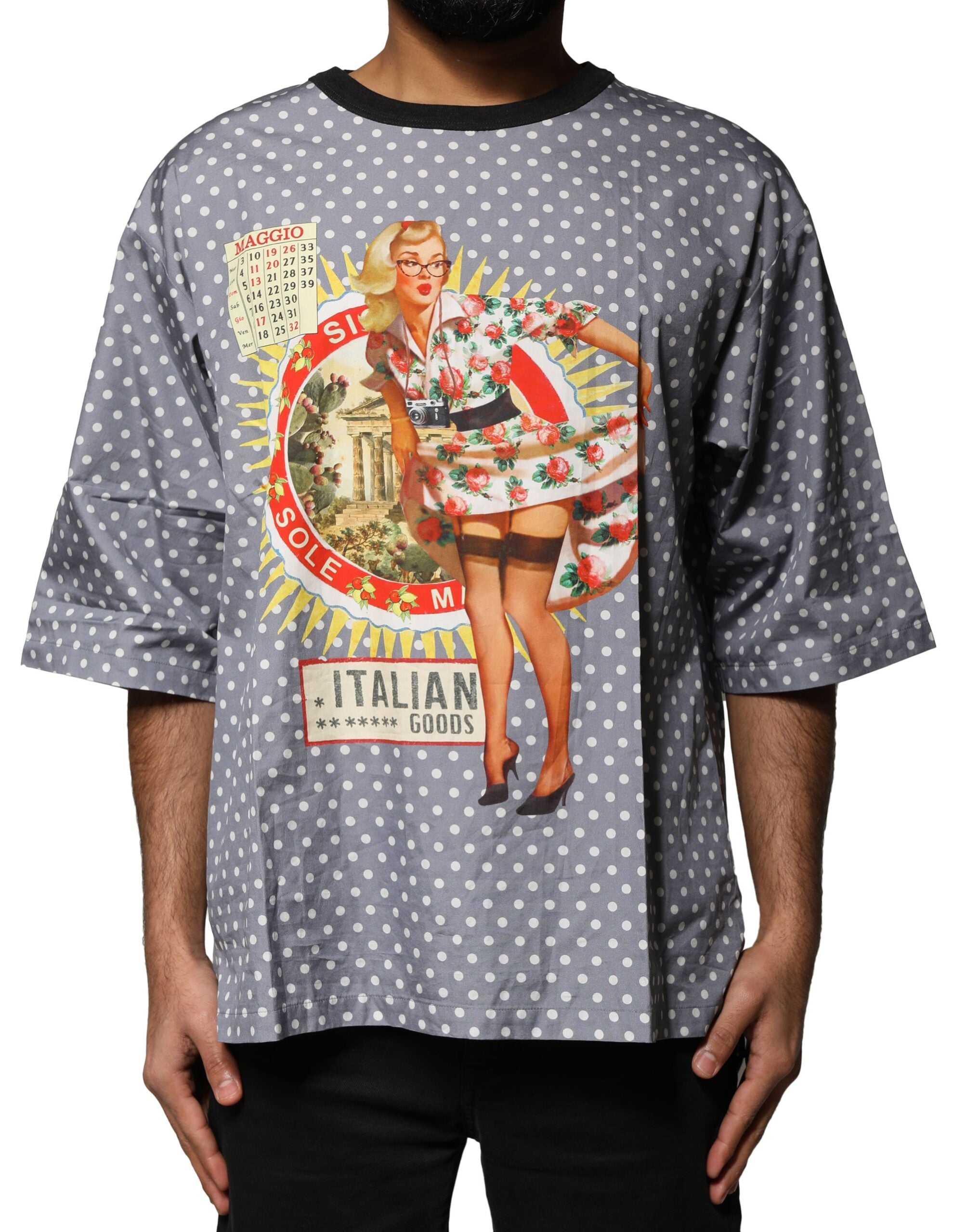 Graues gepunktetes Pin-Up-T-Shirt mit Rundhalsausschnitt