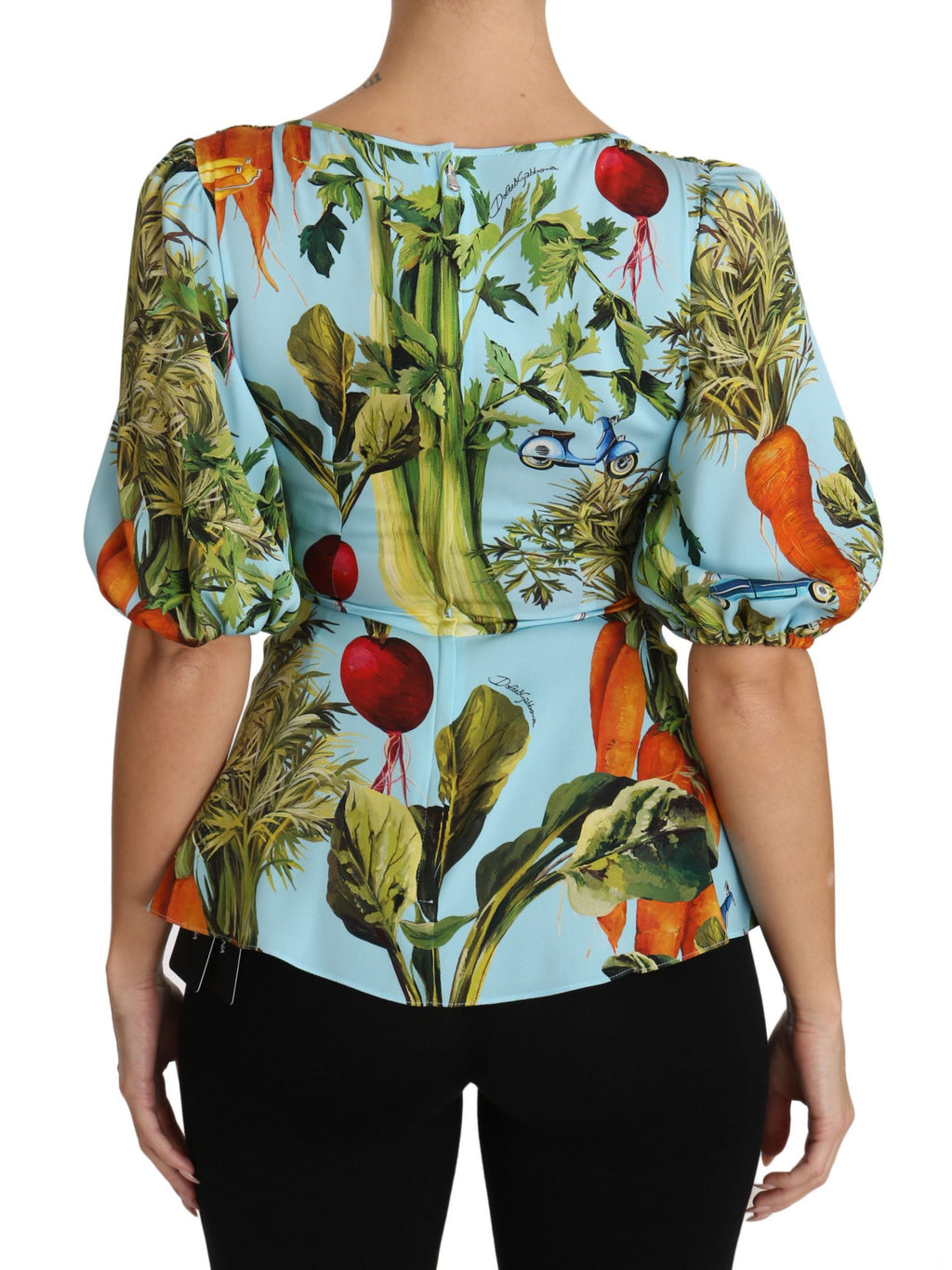 Multicolor Bluse mit Gemüse-Print aus Seide, Peplum-Wickelbluse