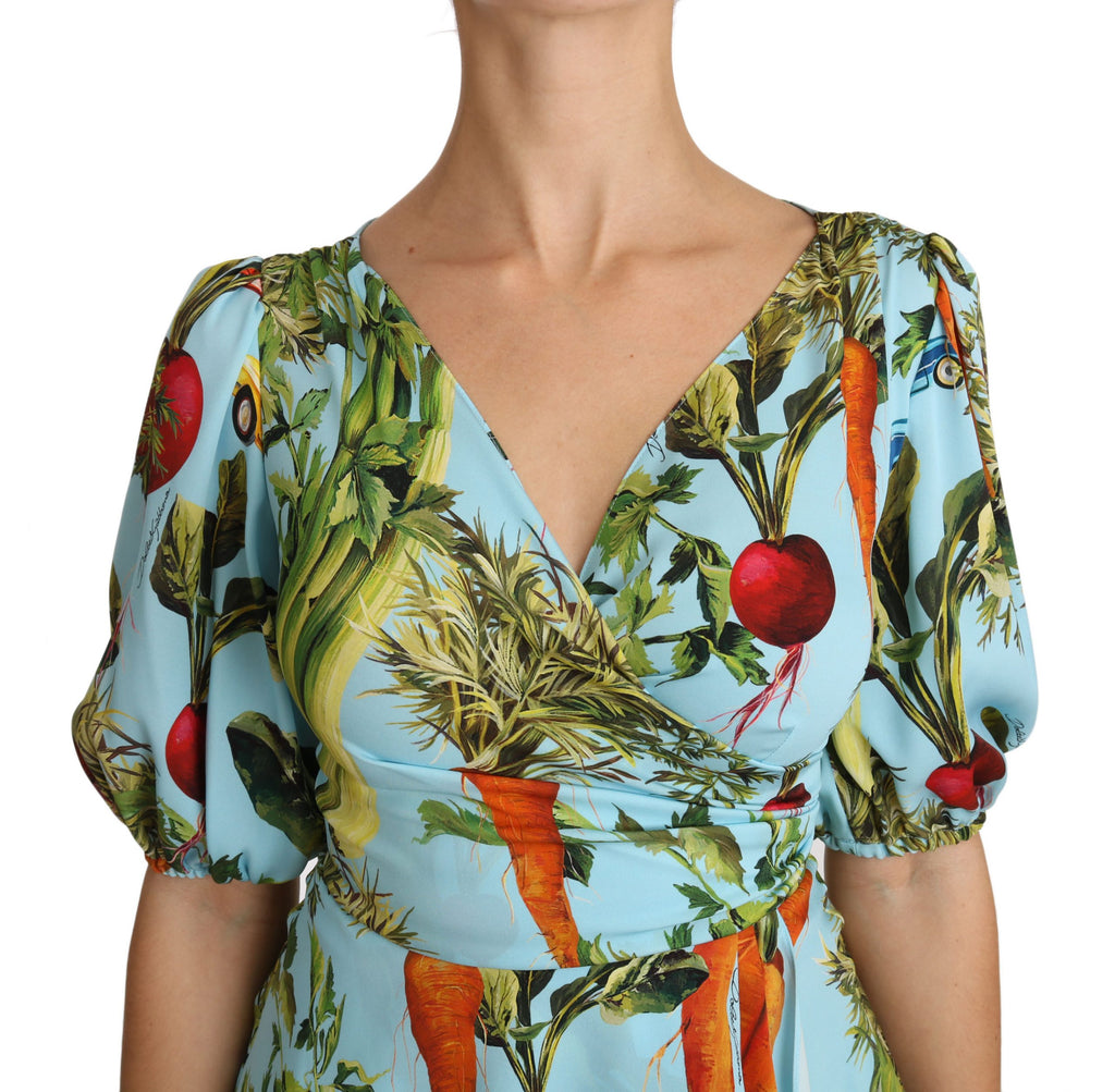 Multicolor Bluse mit Gemüse-Print aus Seide, Peplum-Wickelbluse