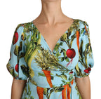 Multicolor Bluse mit Gemüse-Print aus Seide, Peplum-Wickelbluse