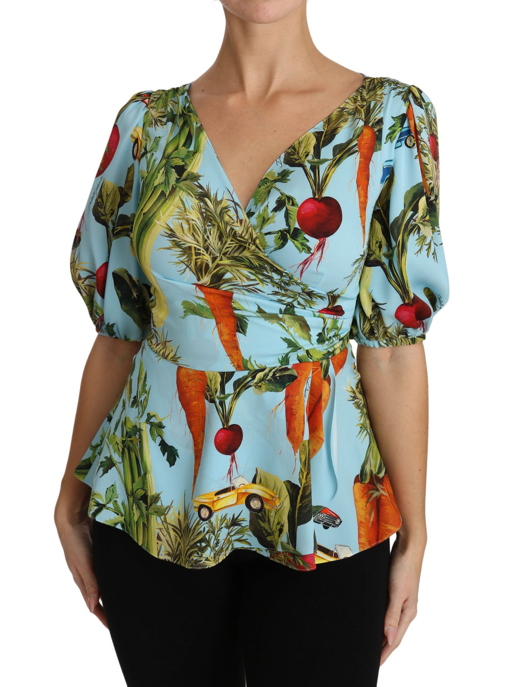 Multicolor Bluse mit Gemüse-Print aus Seide, Peplum-Wickelbluse