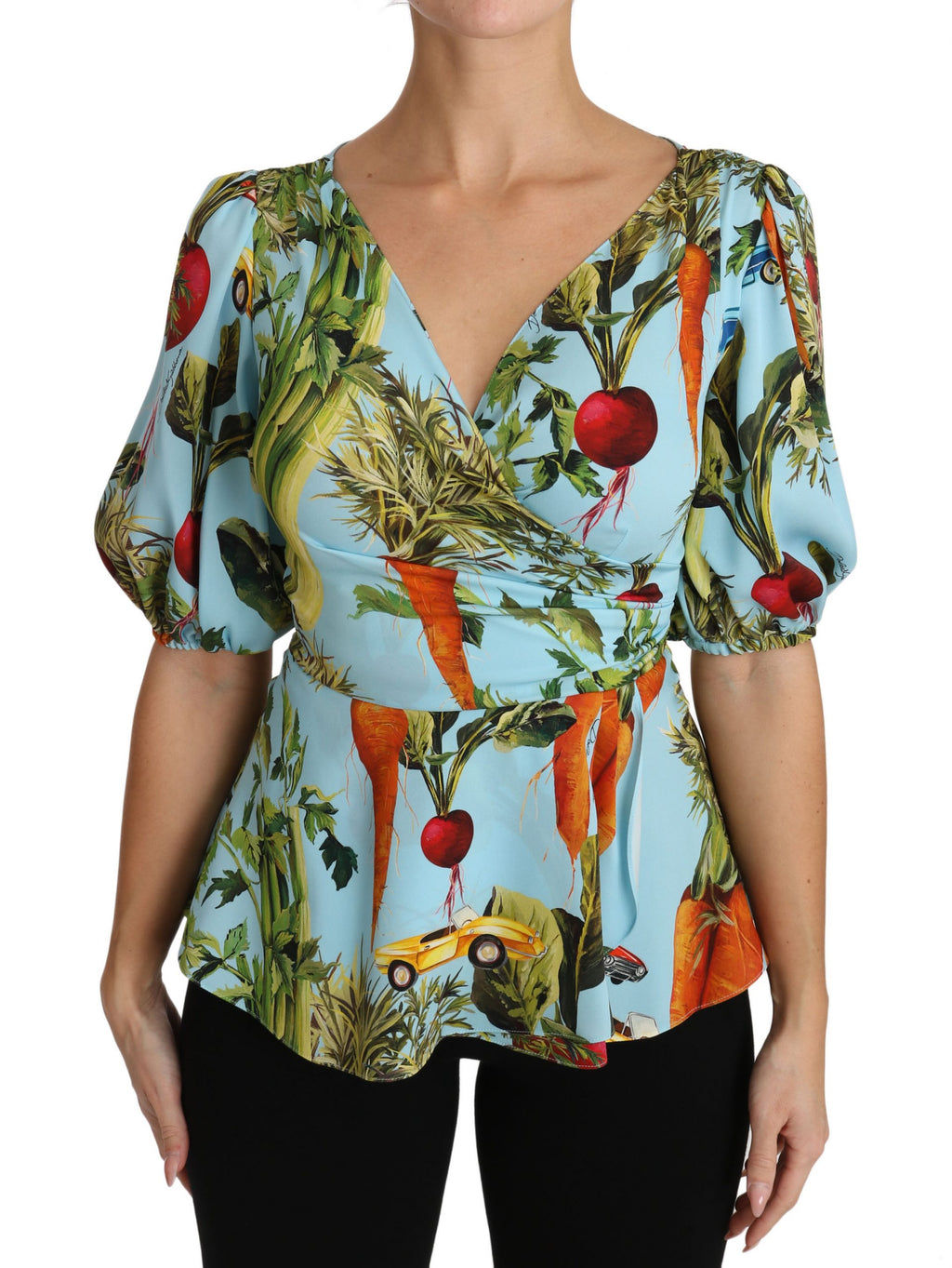 Multicolor Bluse mit Gemüse-Print aus Seide, Peplum-Wickelbluse