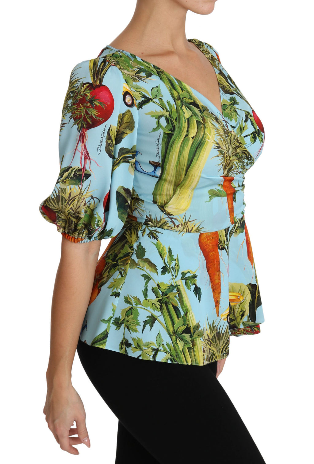 Multicolor Bluse mit Gemüse-Print aus Seide, Peplum-Wickelbluse