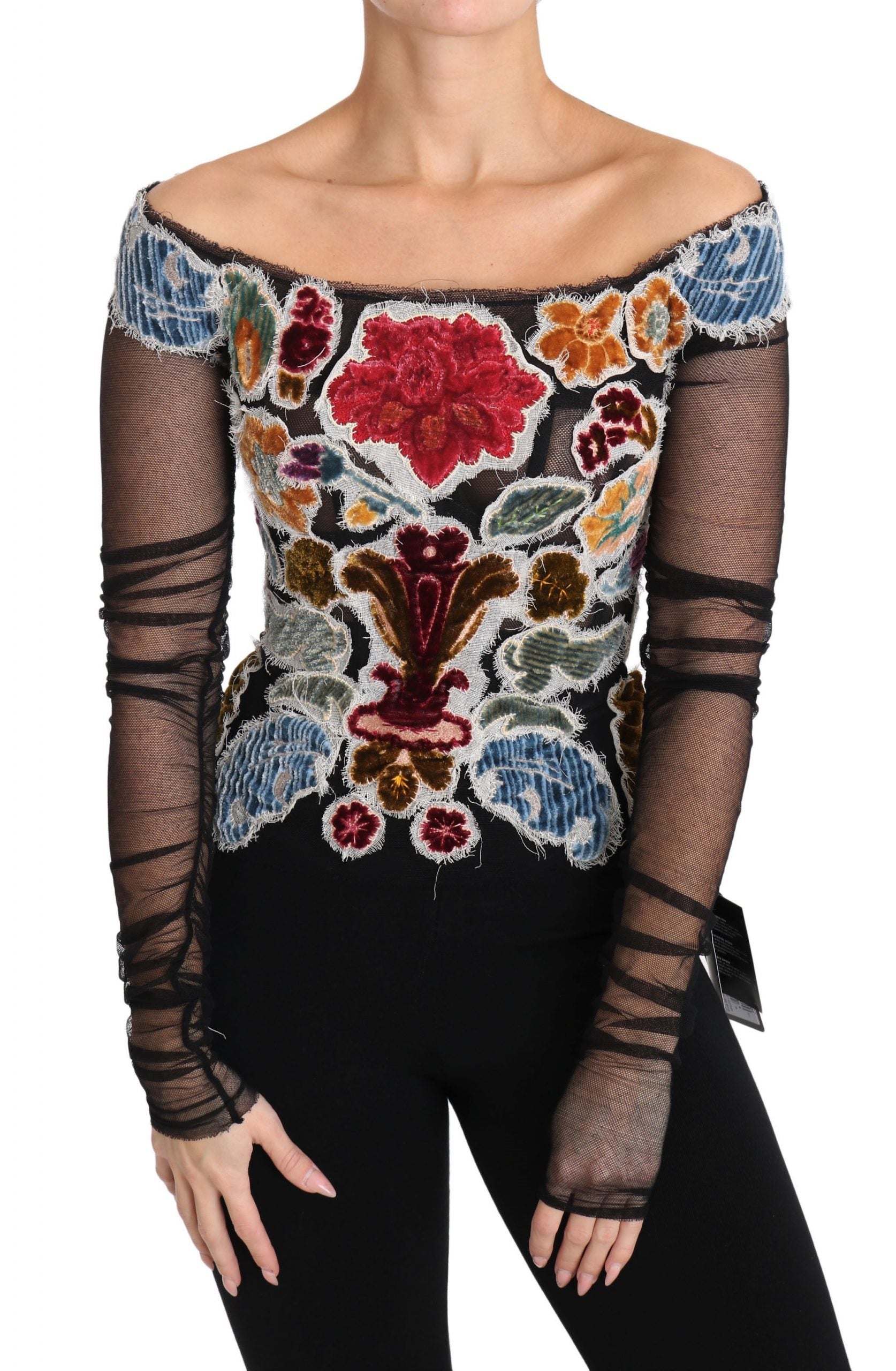 Schwarzes Blumen-Stickerei Top T-Shirt Bluse