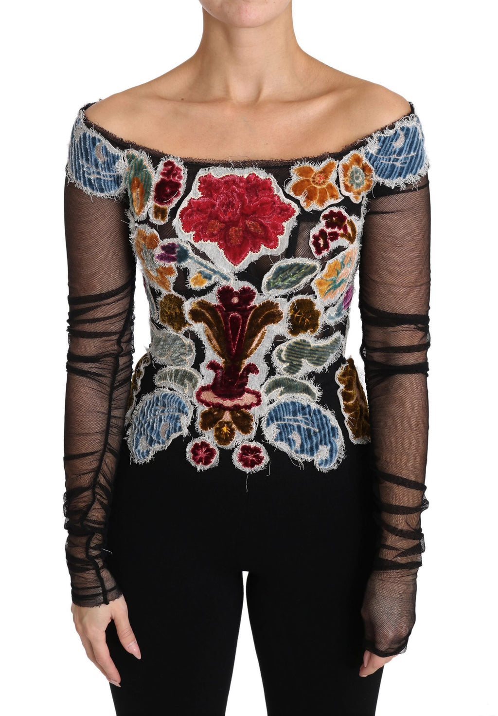 Schwarzes Blumen-Stickerei Top T-Shirt Bluse