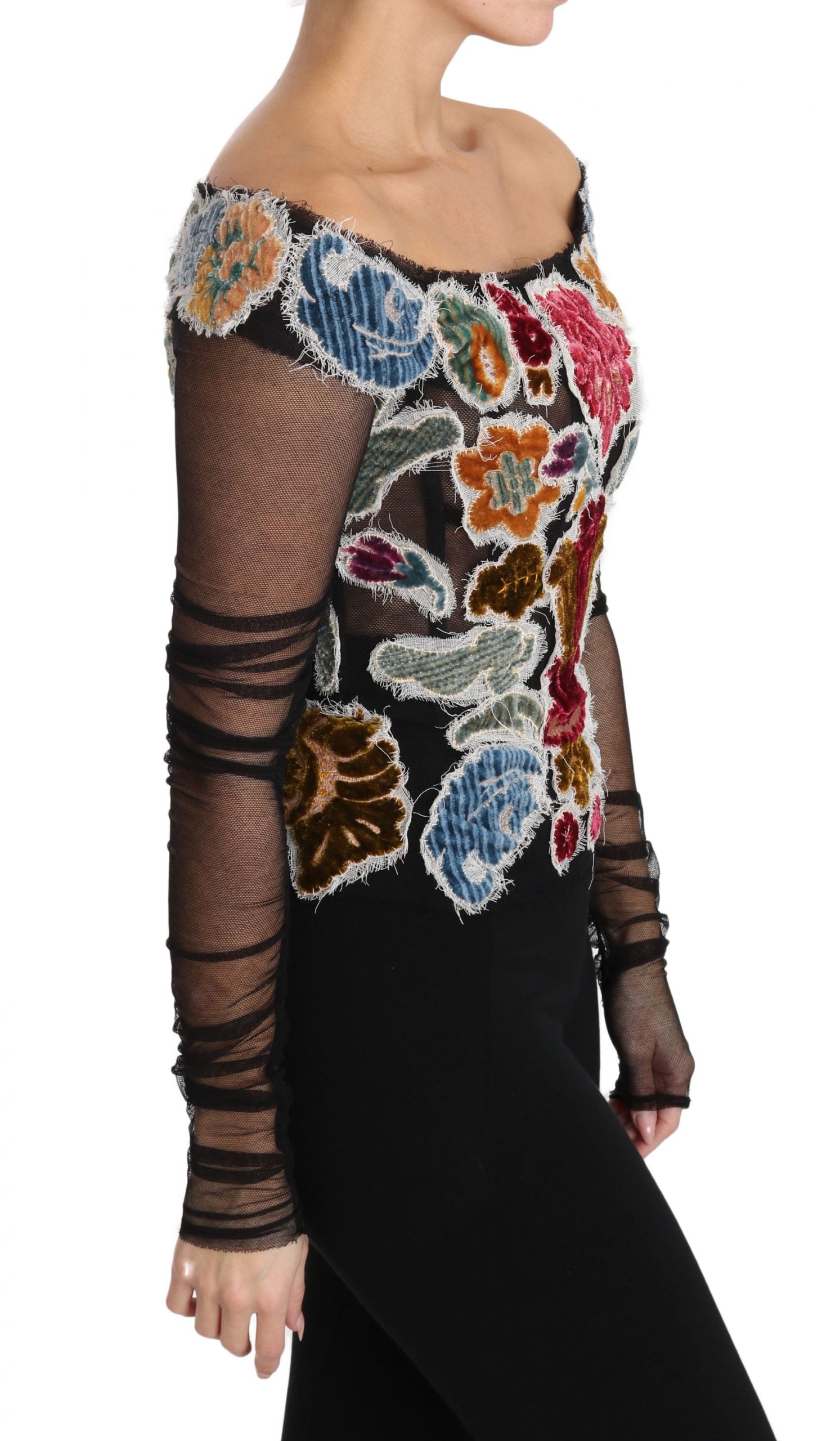 Schwarzes Blumen-Stickerei Top T-Shirt Bluse