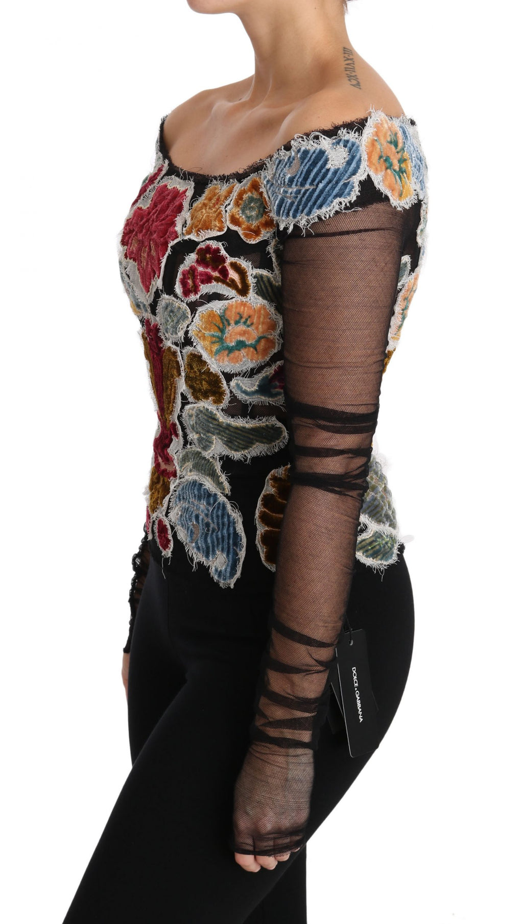 Schwarzes Blumen-Stickerei Top T-Shirt Bluse