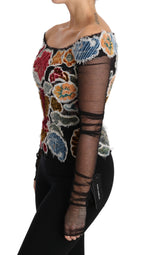 Schwarzes Blumen-Stickerei Top T-Shirt Bluse