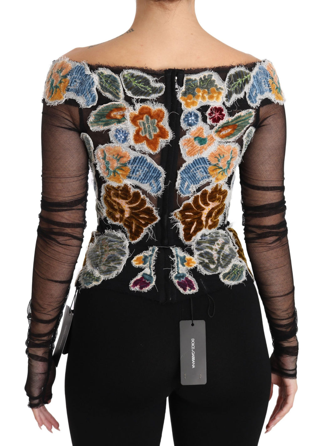 Schwarzes Blumen-Stickerei Top T-Shirt Bluse