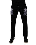 Black Floral Cotton Skinny Men Denim Jeans