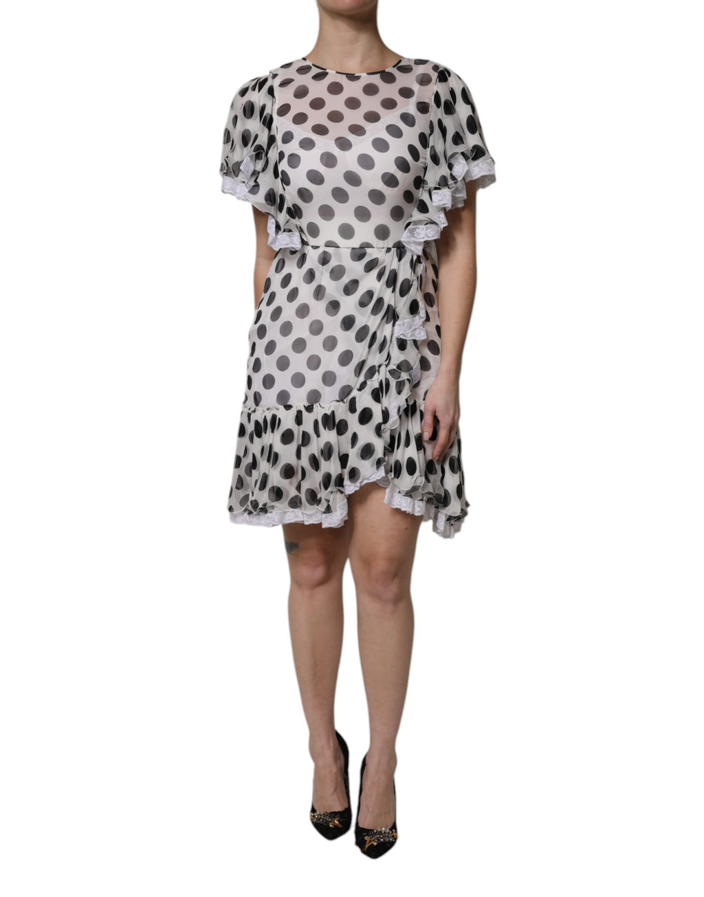 Weißes A-Linien-Kleid aus Seidenmischung mit Polka Dots
