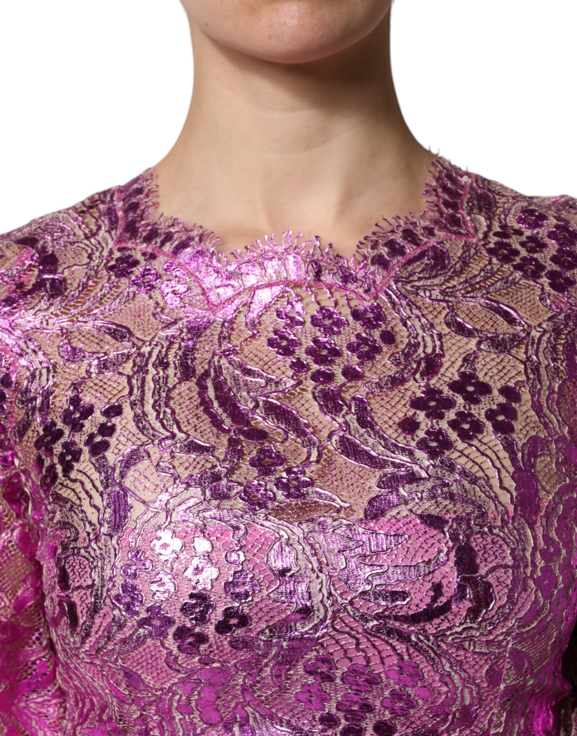 Metallic fuchsia geblümtes Mini-Scheidenkleid