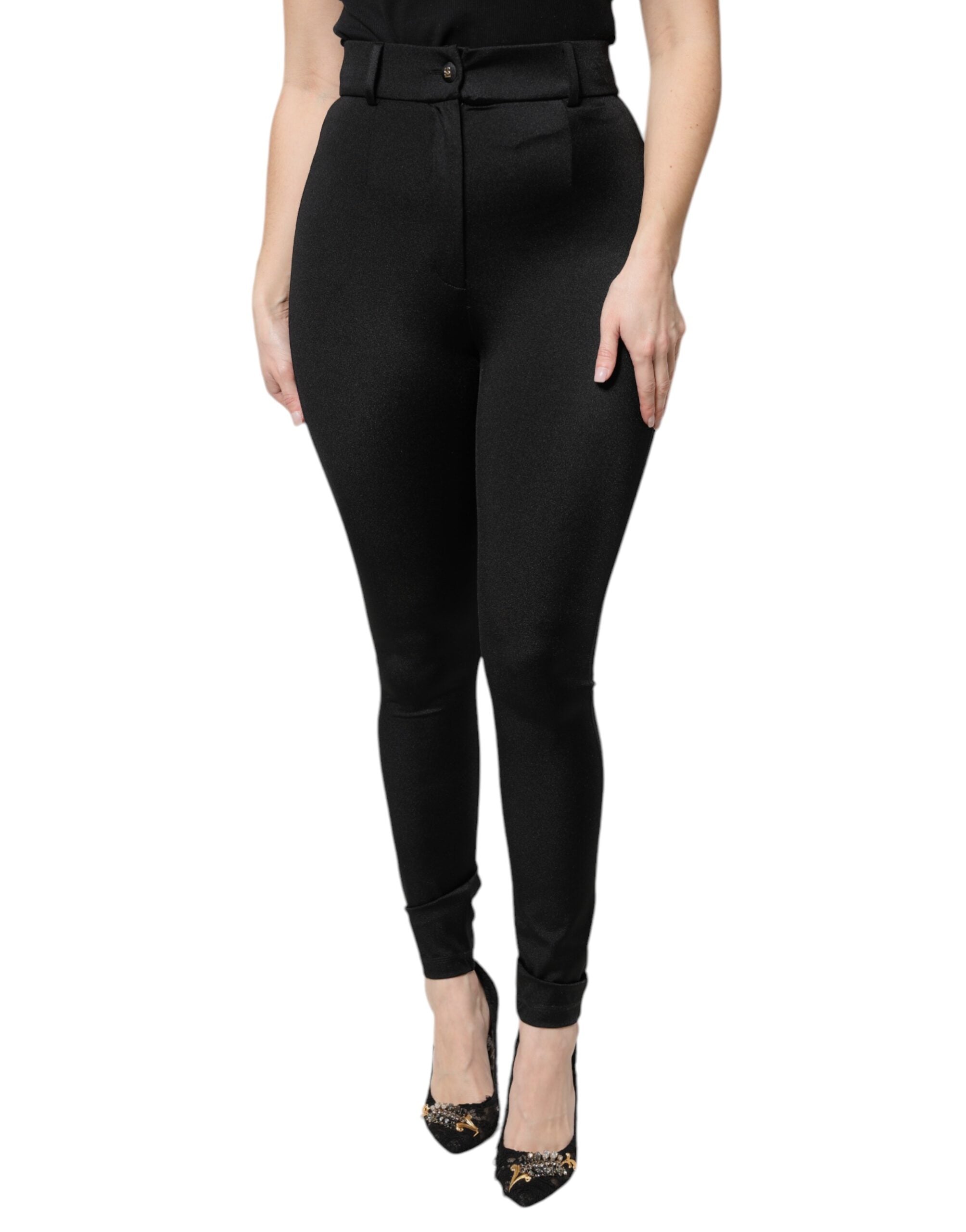 Schwarze High Waist Hose aus Nylon, schmale Passform