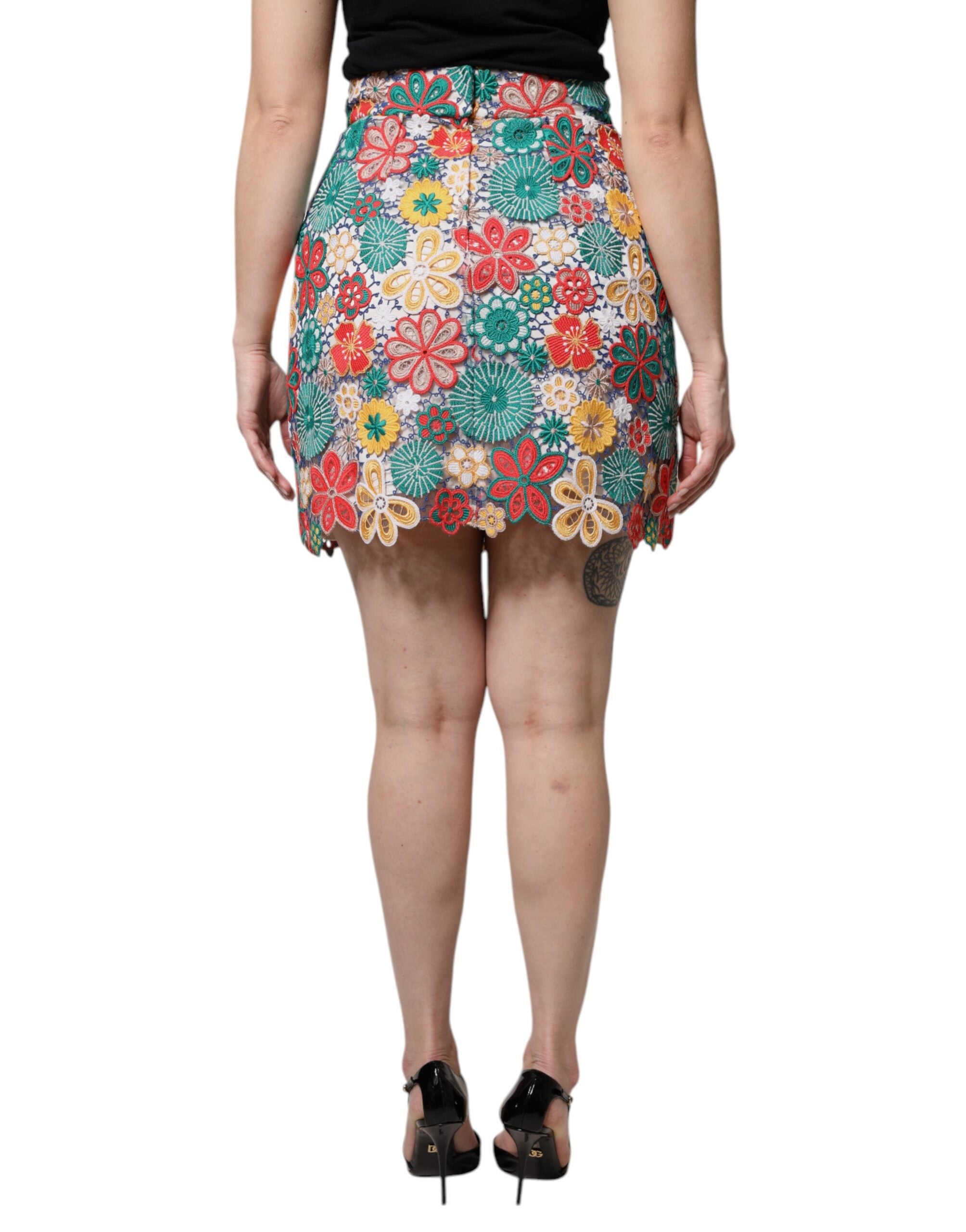 Gonna mini a vita alta in pizzo floreale multicolore