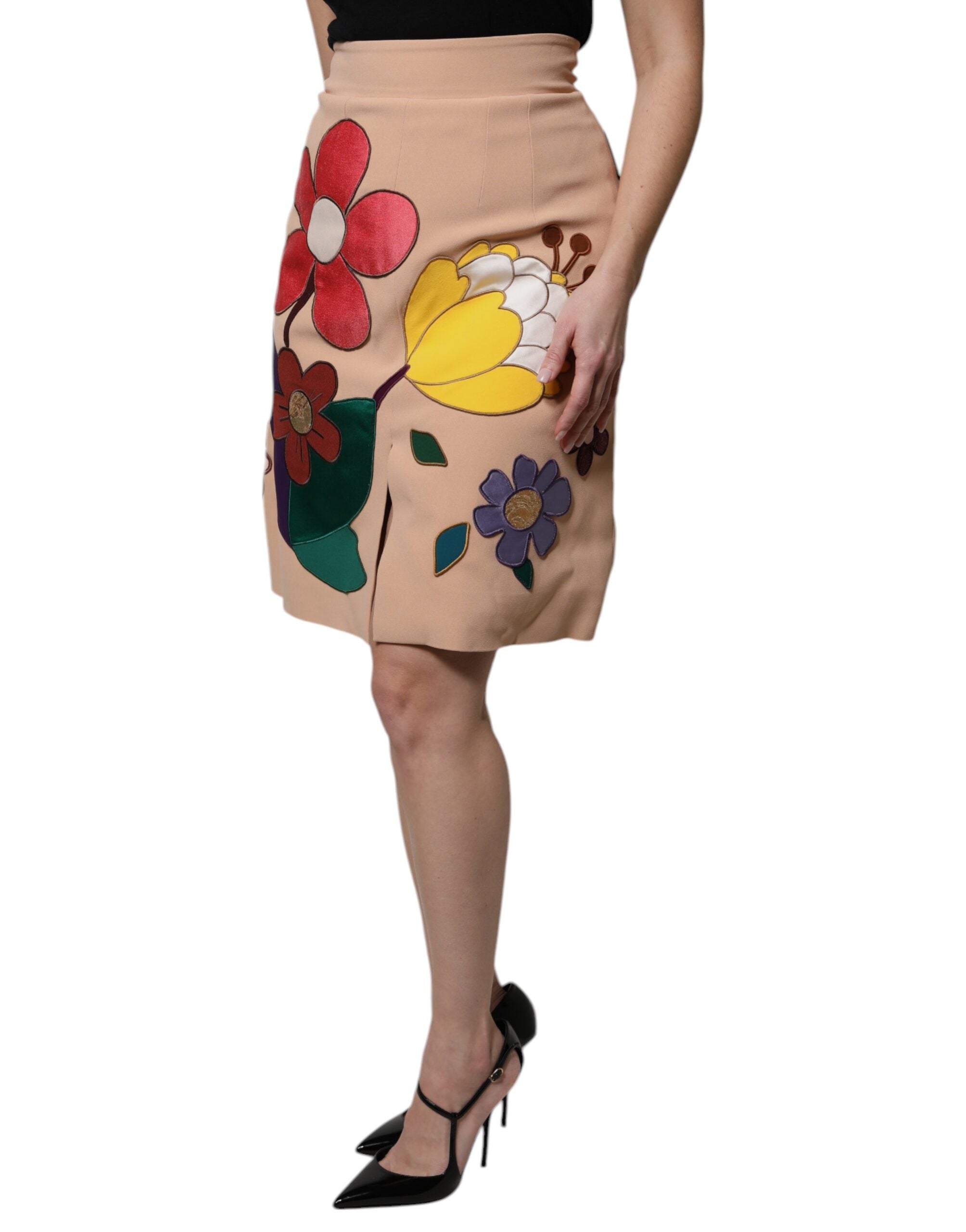 Gonna a tubino a vita alta beige a fantasia floreale