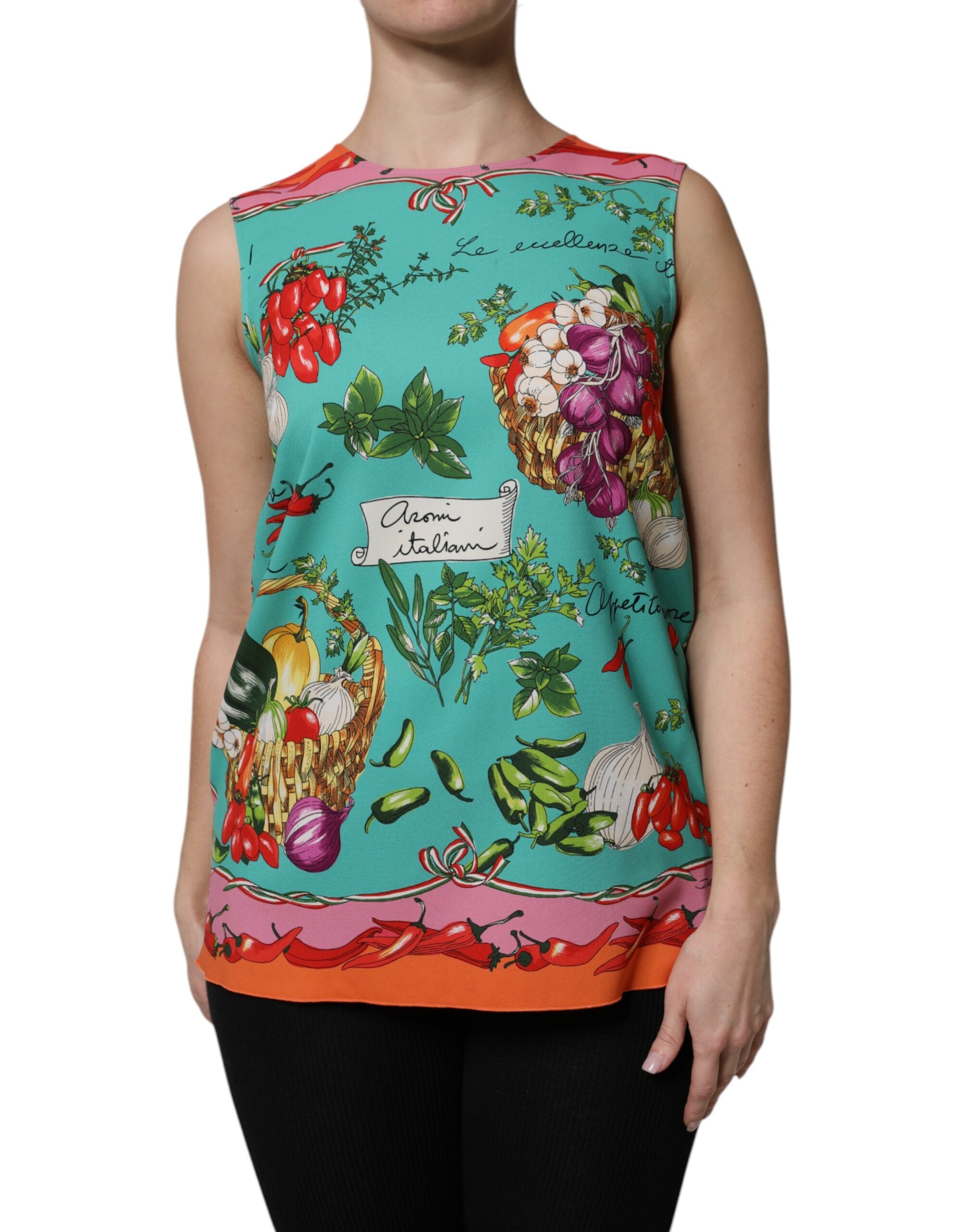 Buntes ärmelloses Seidentop mit Blumenmuster