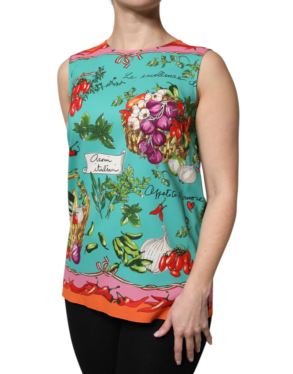 Buntes ärmelloses Seidentop mit Blumenmuster