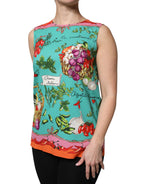 Buntes ärmelloses Seidentop mit Blumenmuster