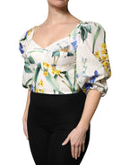 White Floral Puff Sleeves Crop Blouse Top
