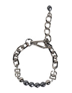 Silver Tone Chain Lobster Clasp Logo Gray Pearls Bracelet