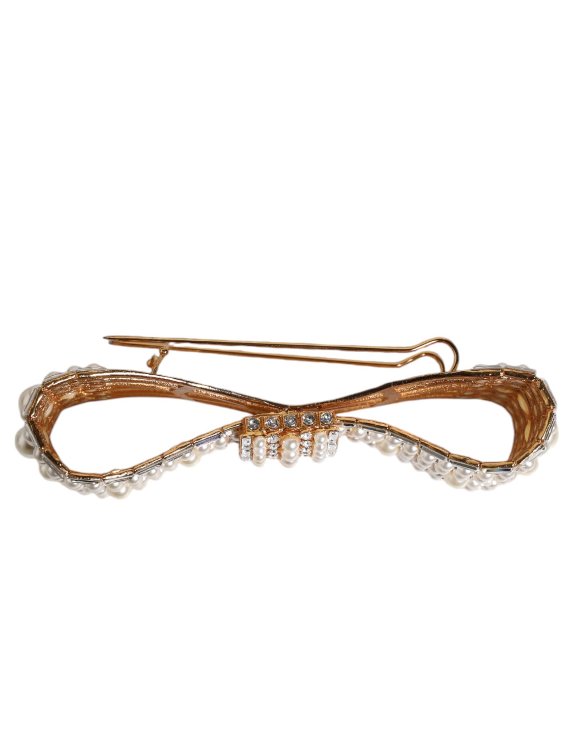 Gold Tone Brass Bow Crystal FauxPearl Embellished Brooch