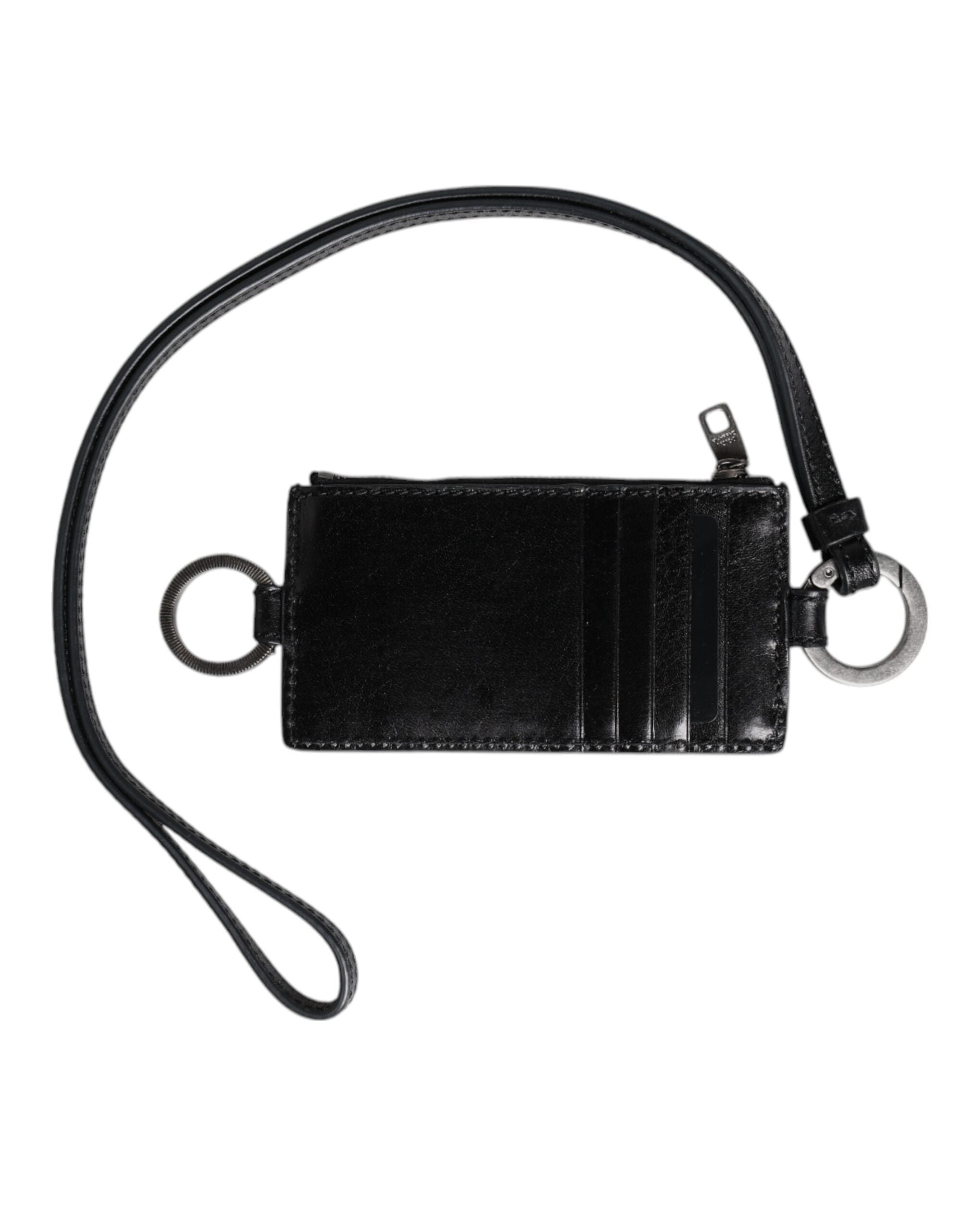 Schwarzes Leder Lanyard Kartenetui mit Logo-Prägung