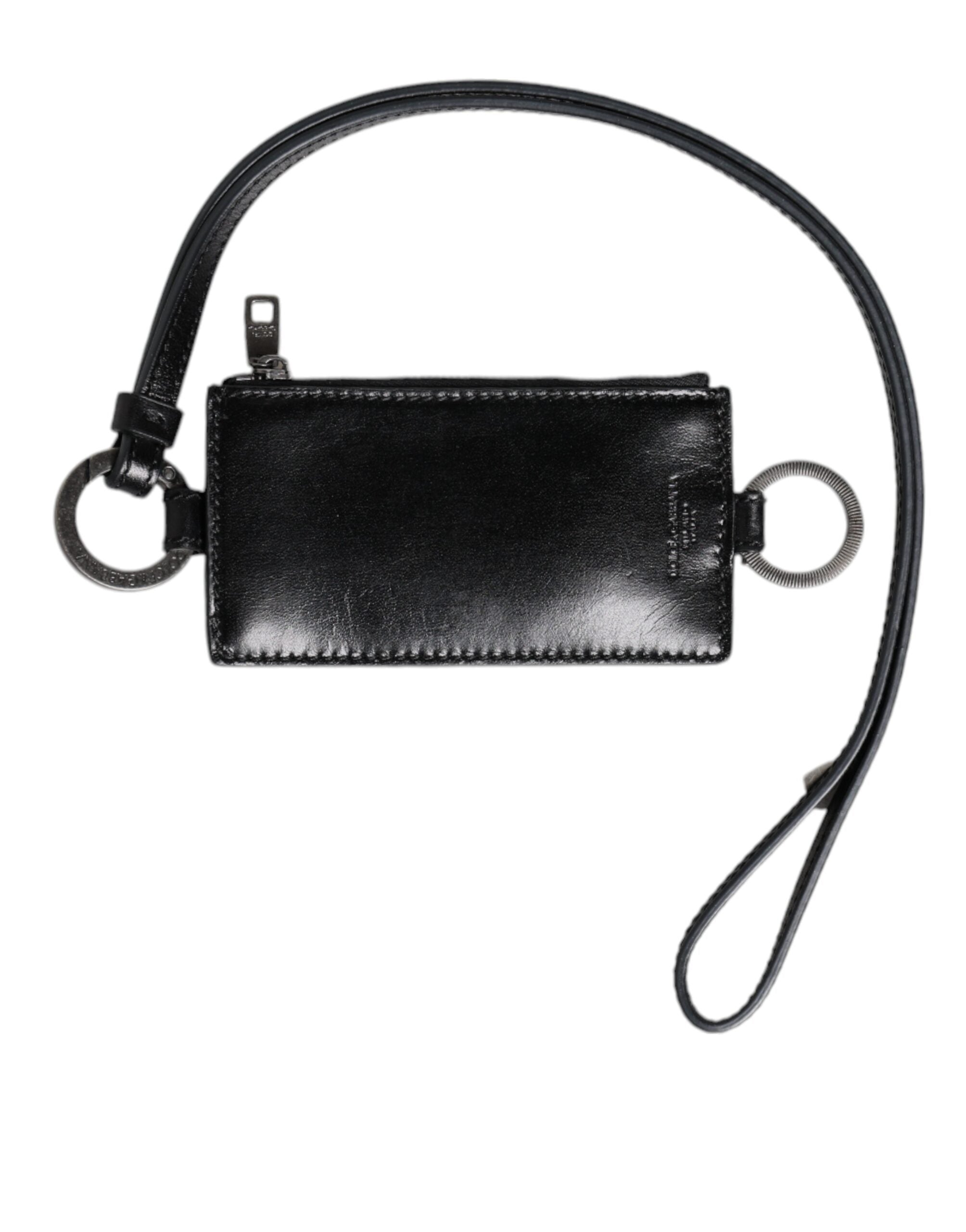 Schwarzes Leder Lanyard Kartenetui mit Logo-Prägung