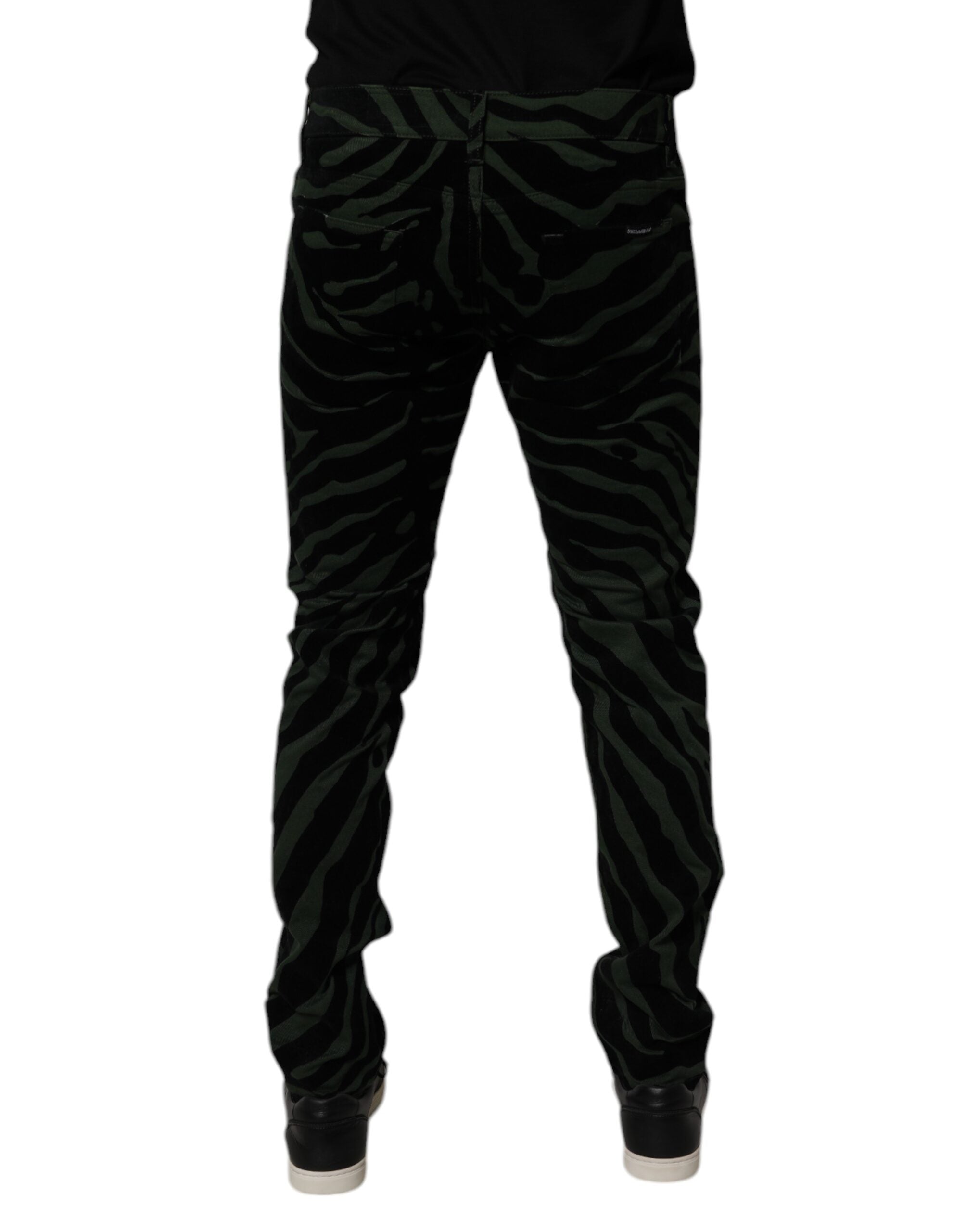 Black Green Stripes Cotton Skinny Denim Jeans