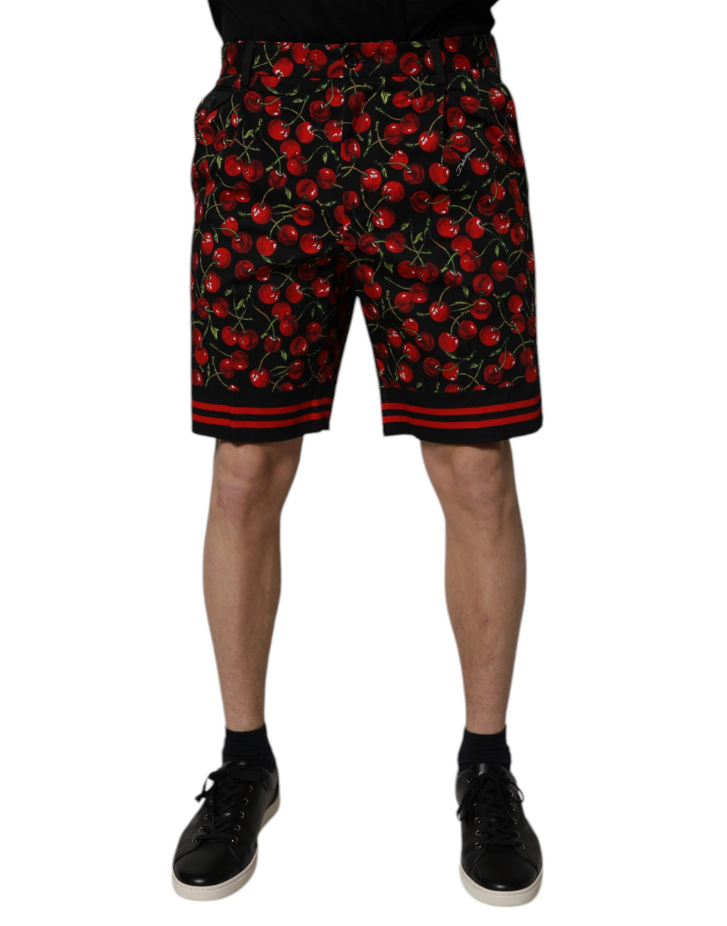 Schwarze Bermuda-Shorts aus Baumwolle mit Kirschprint