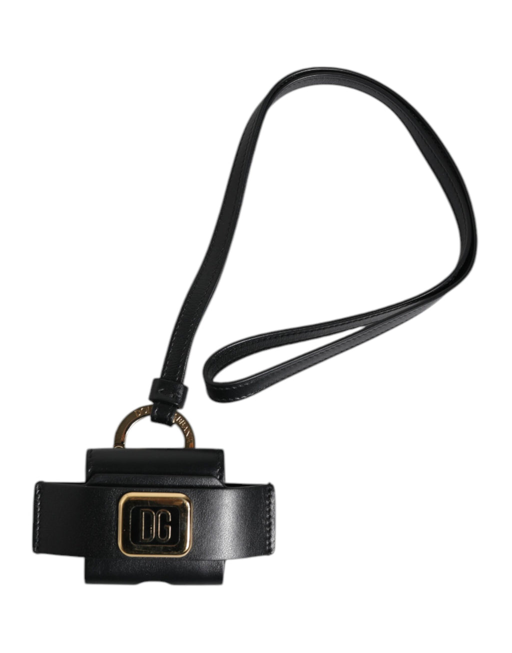 Airpods Hülle aus schwarzem Leder mit goldfarbener Metall-Logo-Plakette