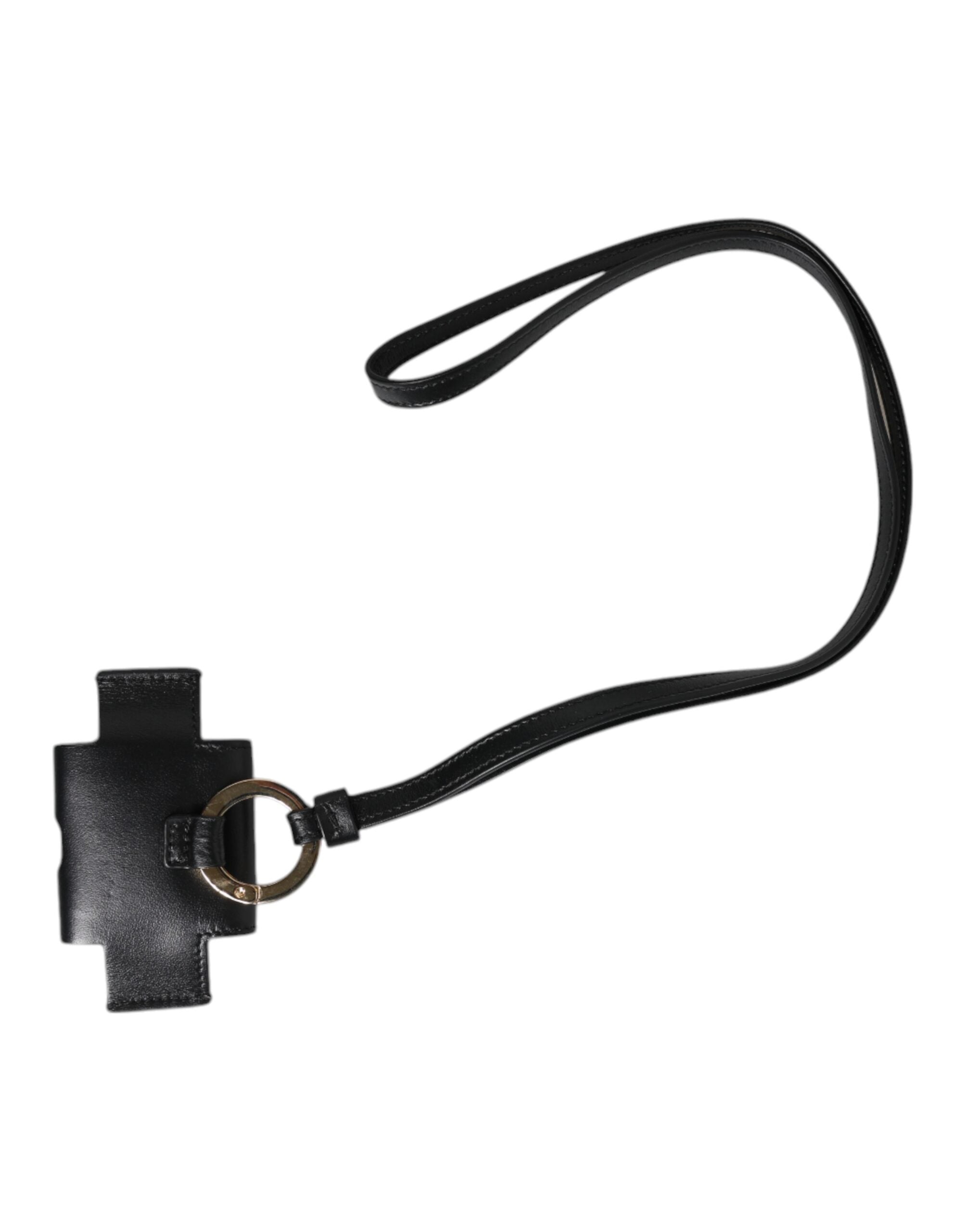 Airpods Hülle aus schwarzem Leder mit goldfarbener Metall-Logo-Plakette