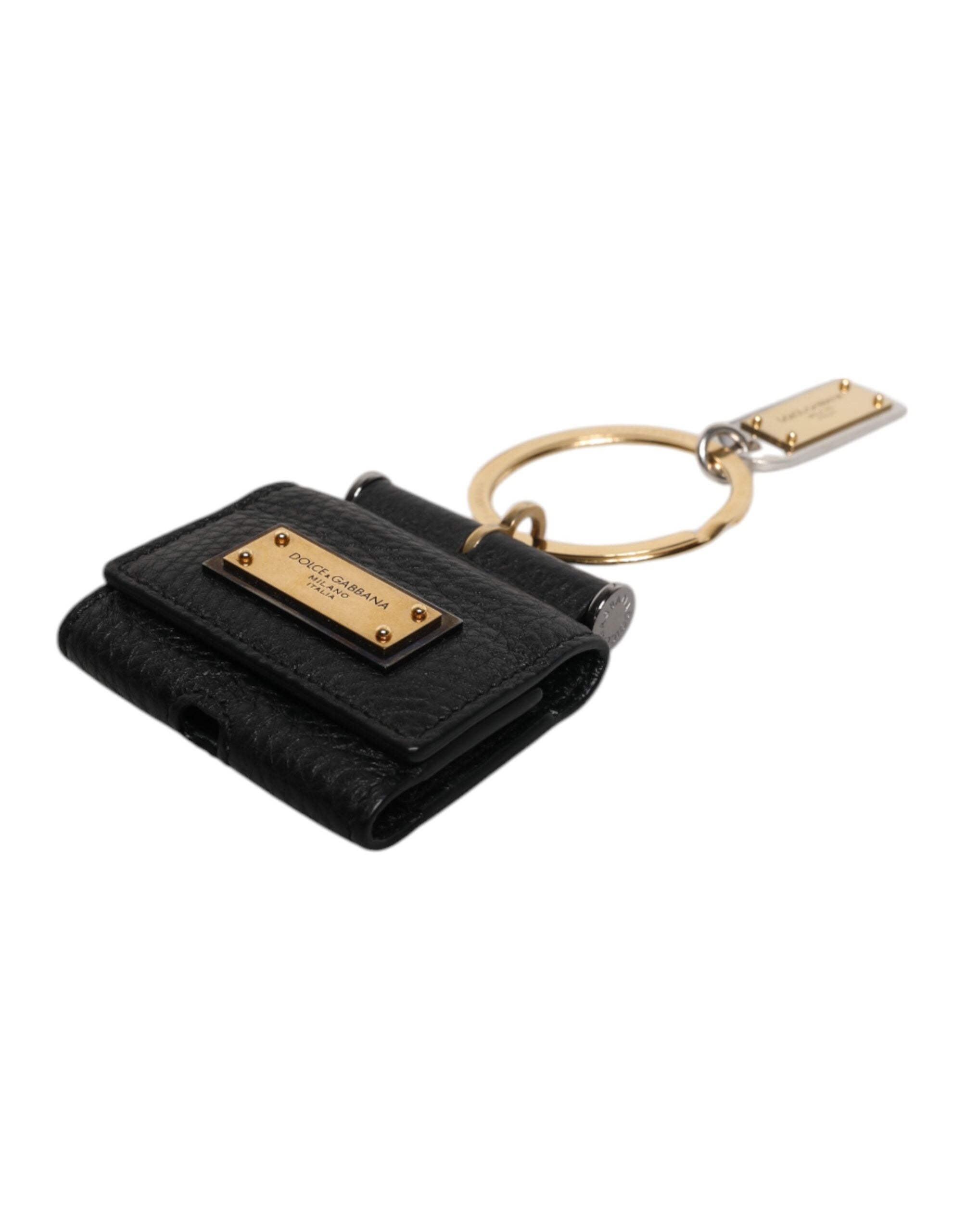 Black Leather Strap Gold Metal Logo Plaque Airpods Case