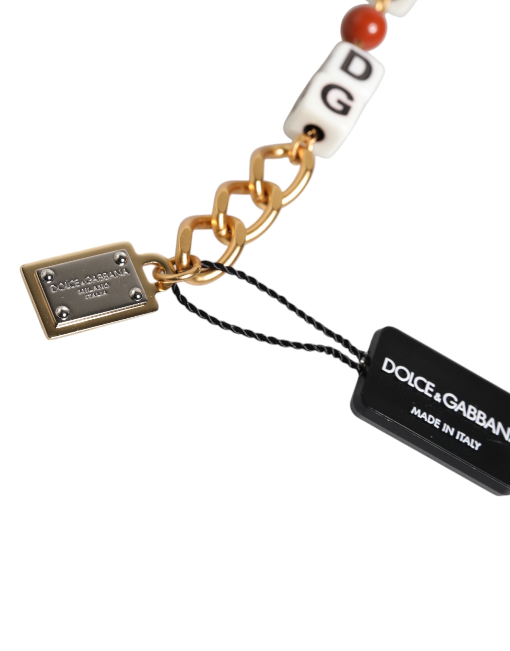 Mehrfarbiges Armband mit Würfeln und DG-Logo aus goldfarbenem Messing