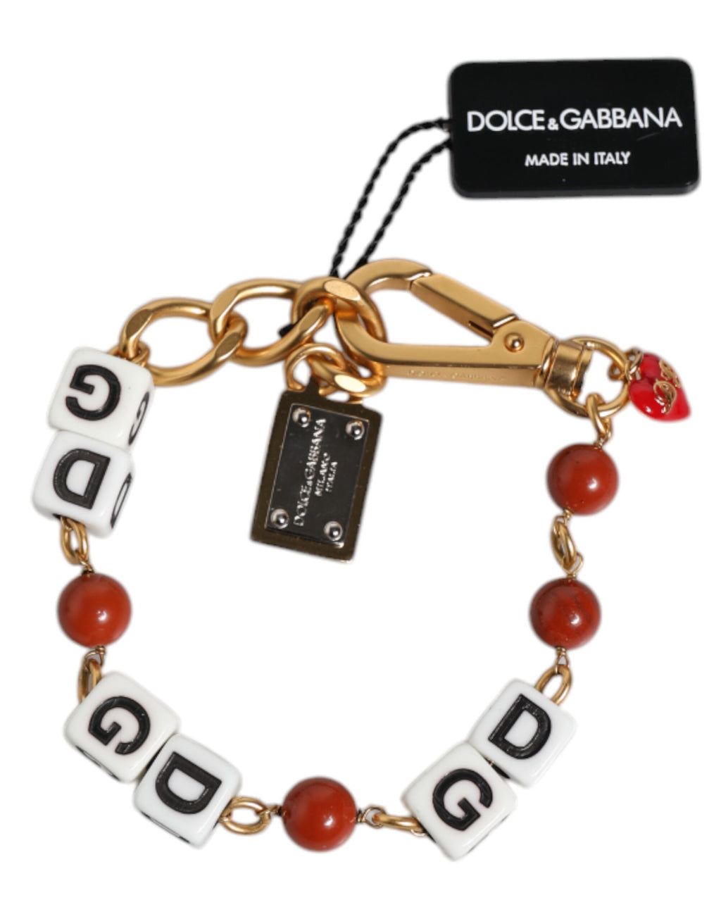 Mehrfarbiges Armband mit Würfeln und DG-Logo aus goldfarbenem Messing