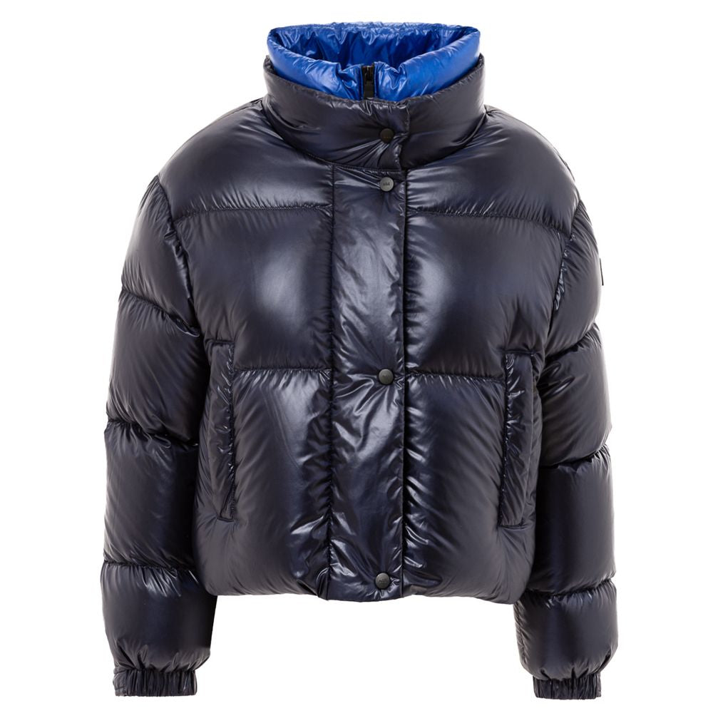 Blaue Polyamid-Jacke in voller Länge