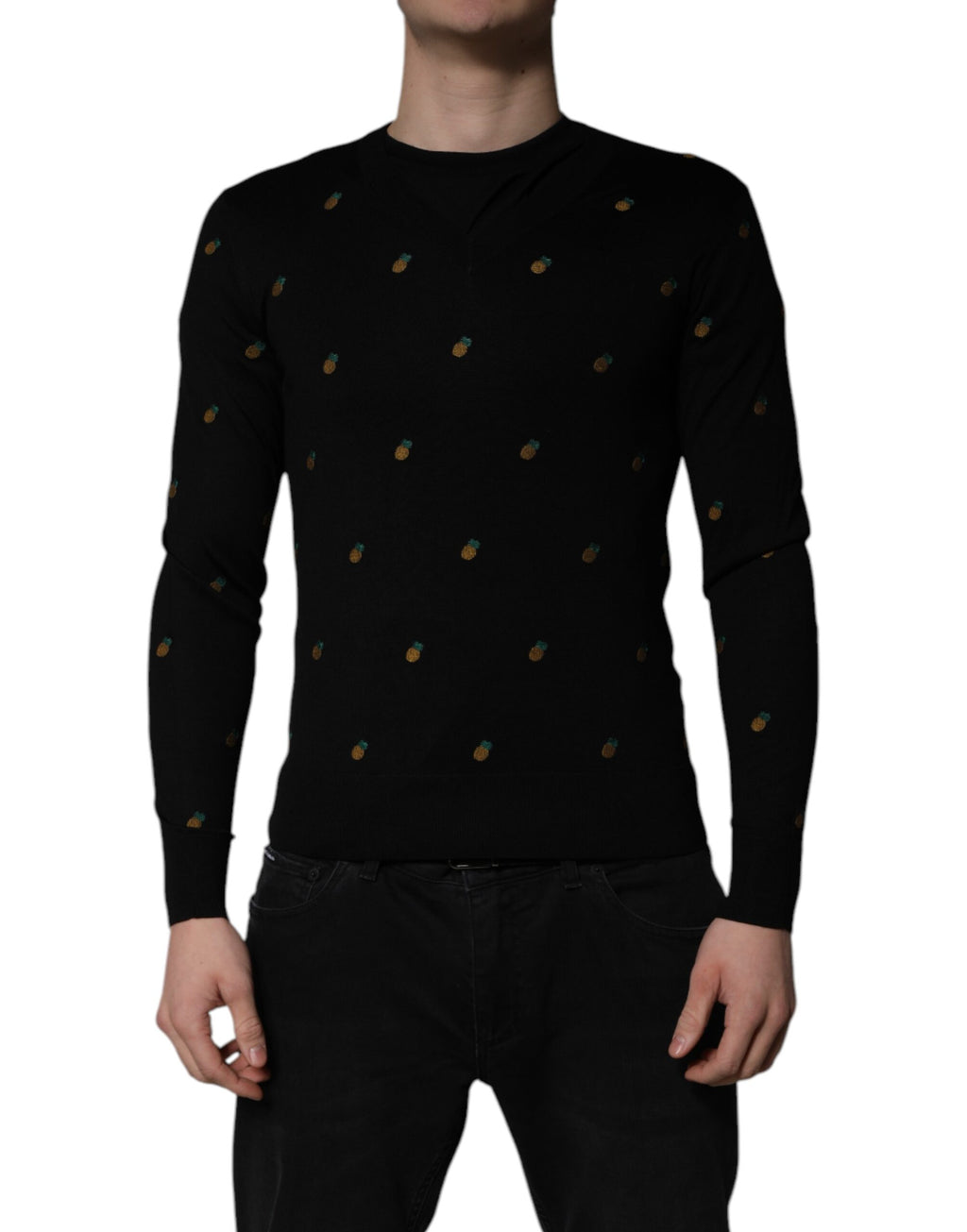 Schwarzer Pullover mit Rundhalsausschnitt und Ananas-Muster