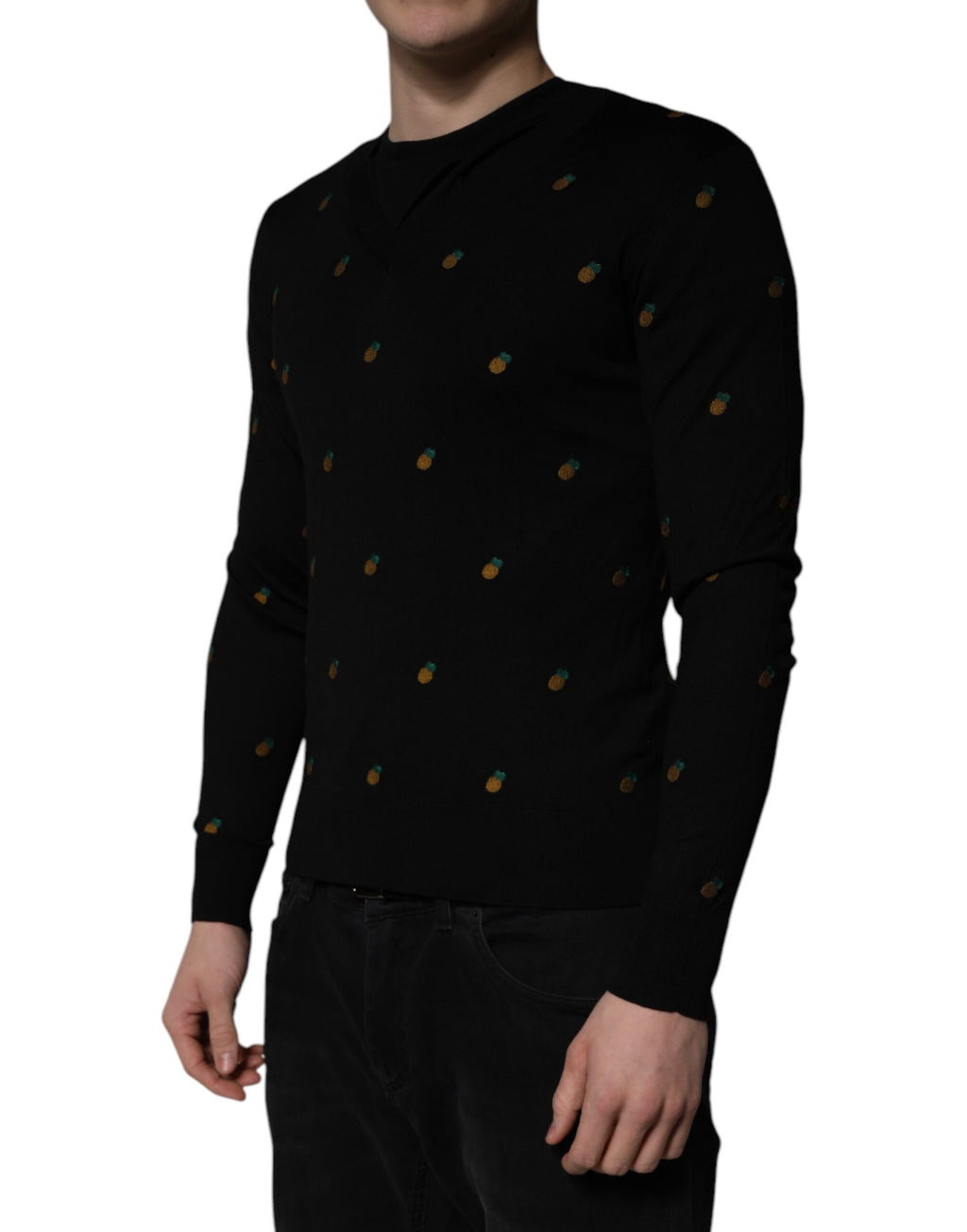 Schwarzer Pullover mit Rundhalsausschnitt und Ananas-Muster