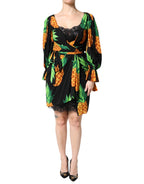 Black Silk Pineapple Draped Print Wrap Dress