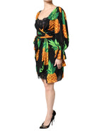 Black Silk Pineapple Draped Print Wrap Dress
