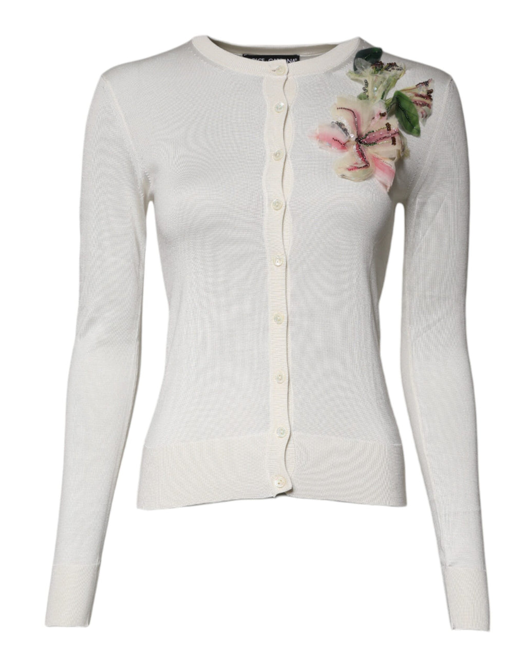 Cremefarbener Seidencardigan mit Blumenstickerei
