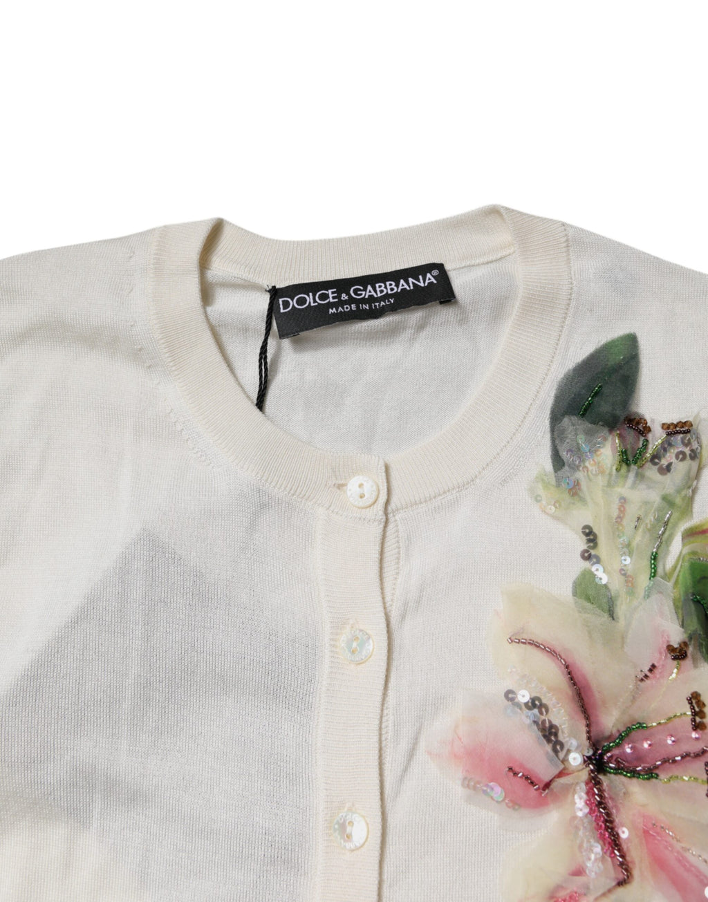 Cremefarbener Seidencardigan mit Blumenstickerei