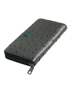 Green Ostrich Logo Plaque Zip Around Continental Wallet