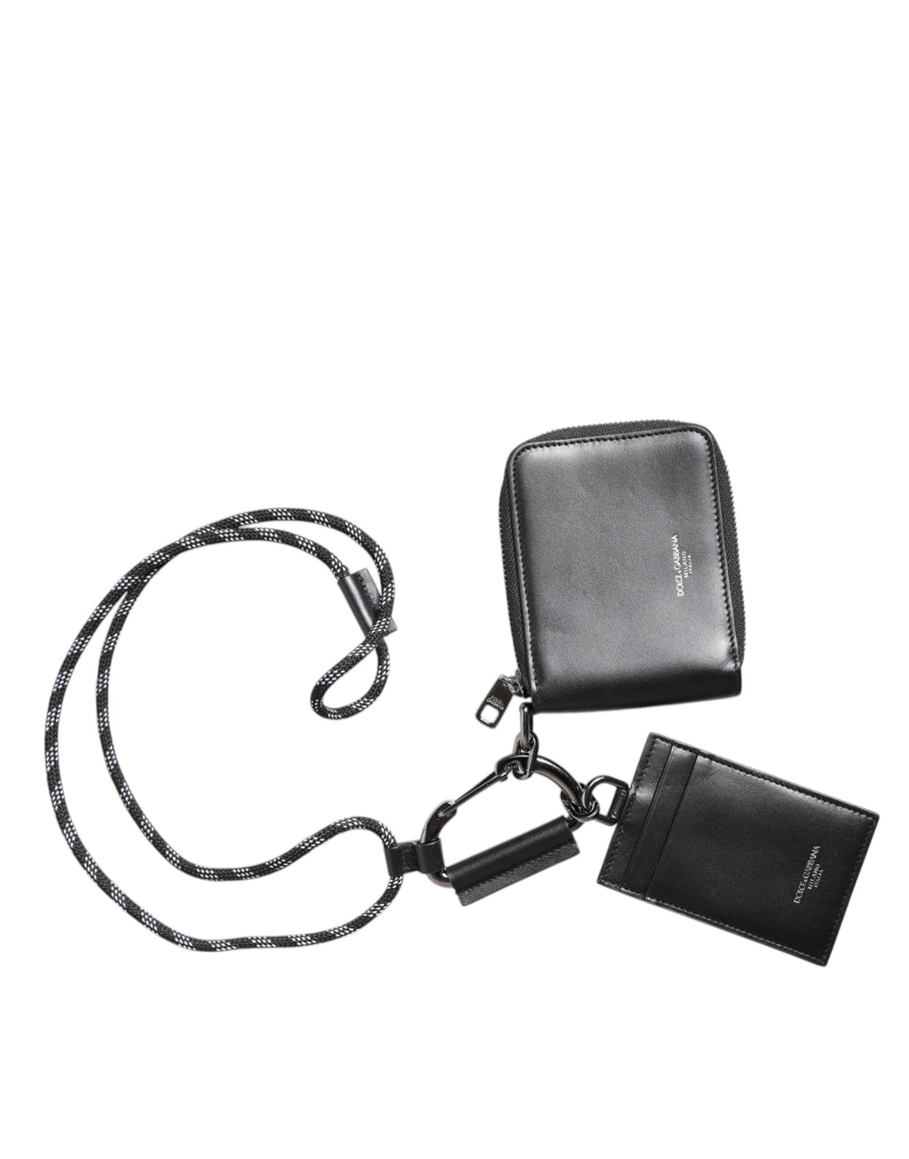 Schwarzes Leder Lanyard Reißverschluss Kartenetui Portemonnaie