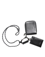 Schwarzes Leder Lanyard Reißverschluss Kartenetui Portemonnaie