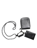 Schwarzes Leder Lanyard Reißverschluss Kartenetui Portemonnaie